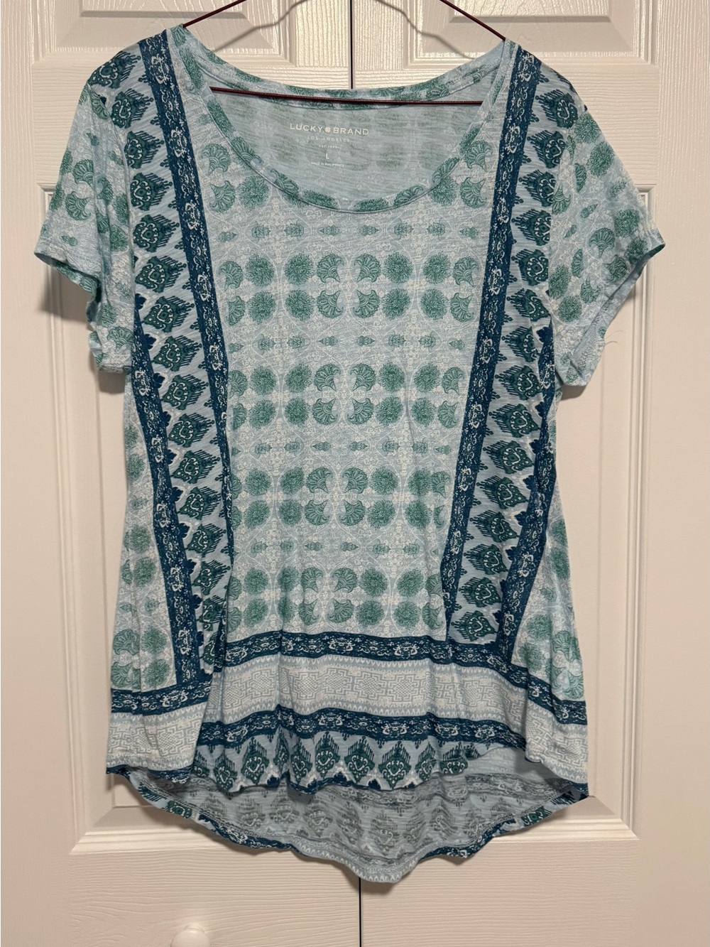 Lucky Brand Aqua & Teal Printed Short Sleeve Scoop Top